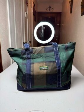 L.L.Bean Everyday Lightweight Tote in a plaid pattern.
